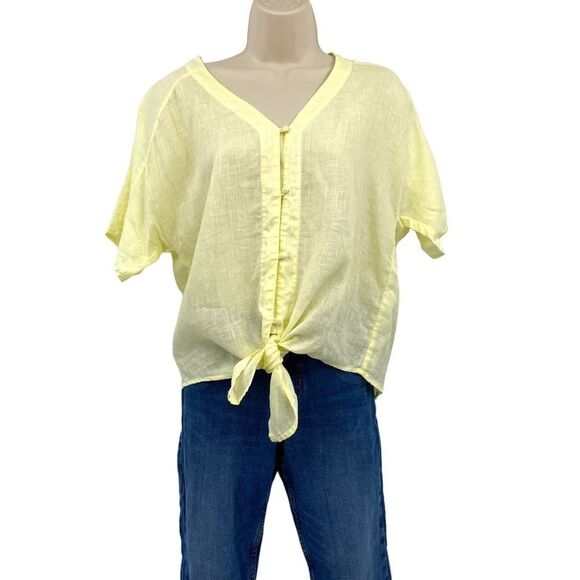 Vince camuto daybreak linen Tie Hem Short Sleeve Blouse in Lemon Ice Size XS - Picture 2 of 7